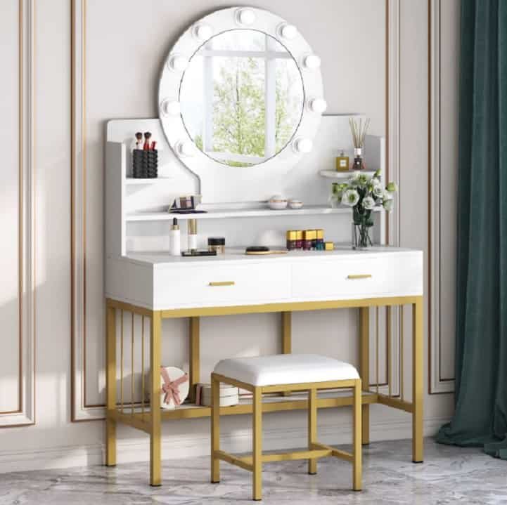 vintage study table type vanity with lights and white walls with gold moulding