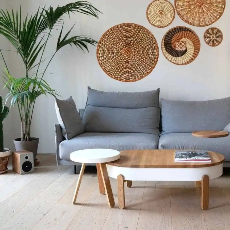 living room with a grey sofa, plant, table and basket collection