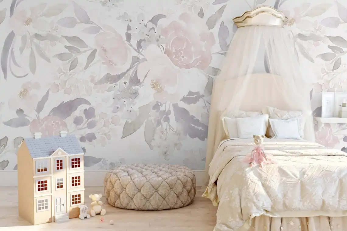 kids bedroom with a bed, pillows and white wall paper with soft floral pattern