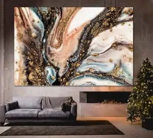 acrylic wall painting in a living room with grey sofa and brown rug