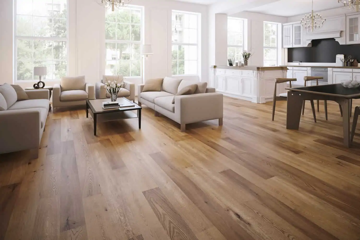 laminate wooden plank flooring in a minimalistic living room with beige sofa and dark brown wooden furniture