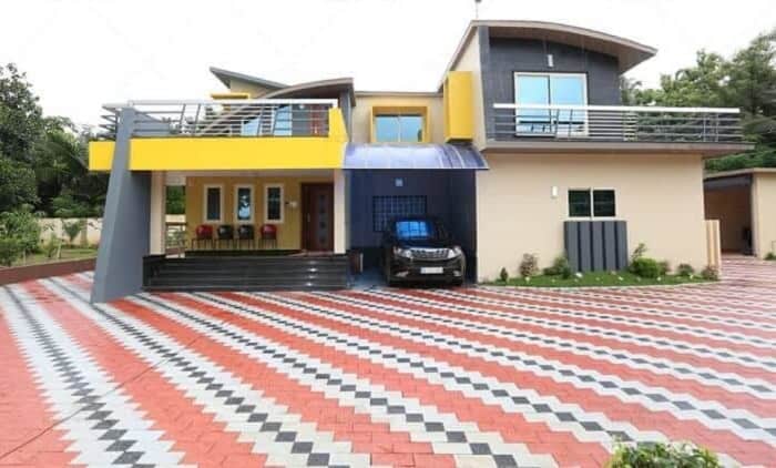 yellow blue cream abd grey Indain ،use colour combination outside with red and blue cement tile flooring