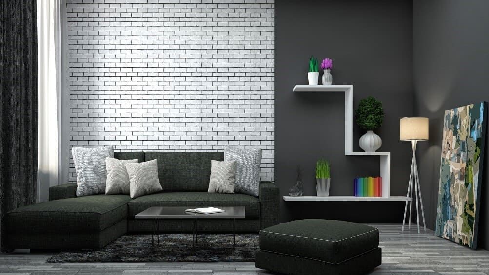 black and white living room with sofa, table and shelf