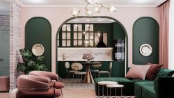 pink and green walls colour combination for living, drawing, bed room & hallwith green sofa, rug and table