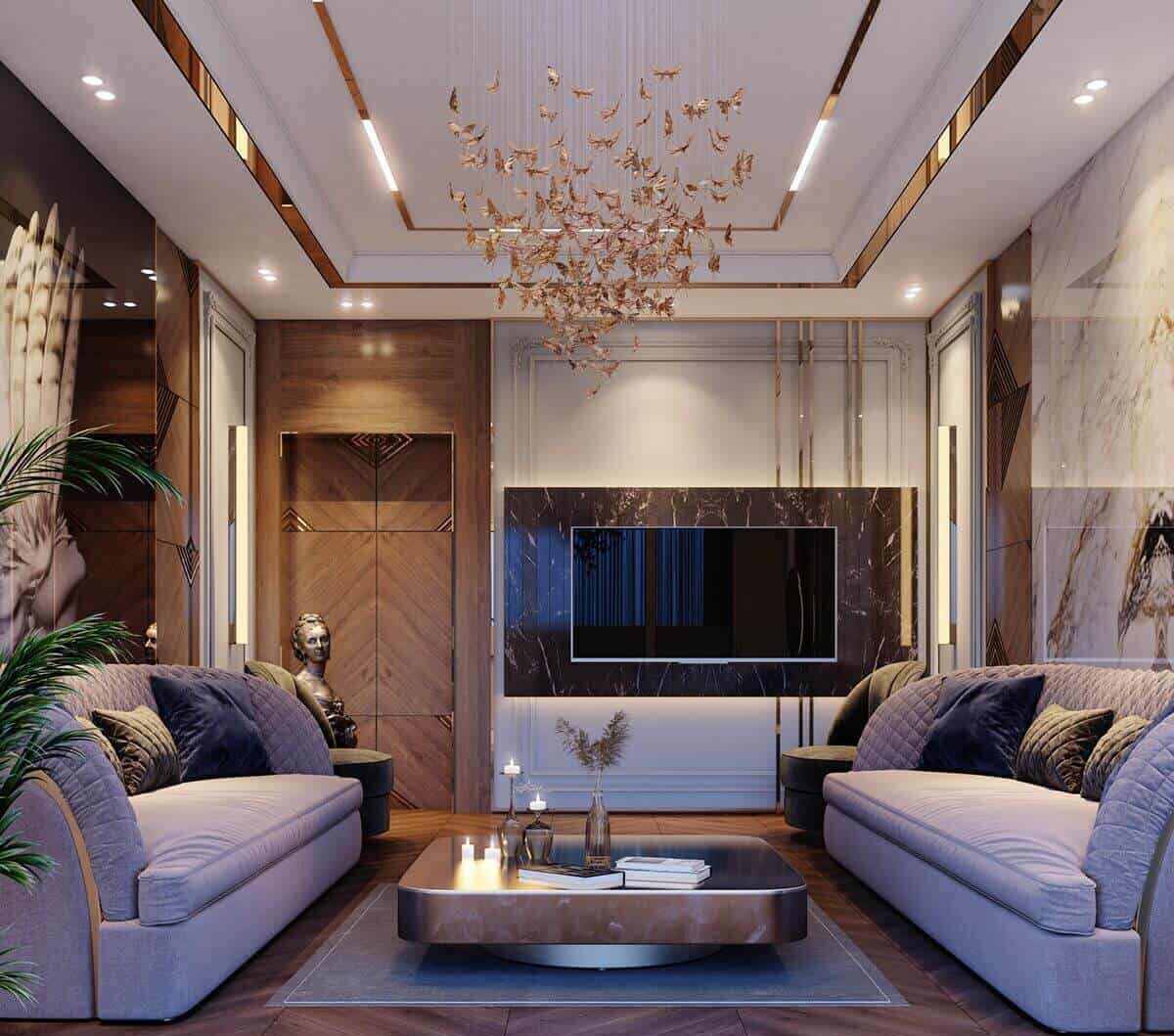 Fiber false ceiling in a living room with grey sofa, table and TV