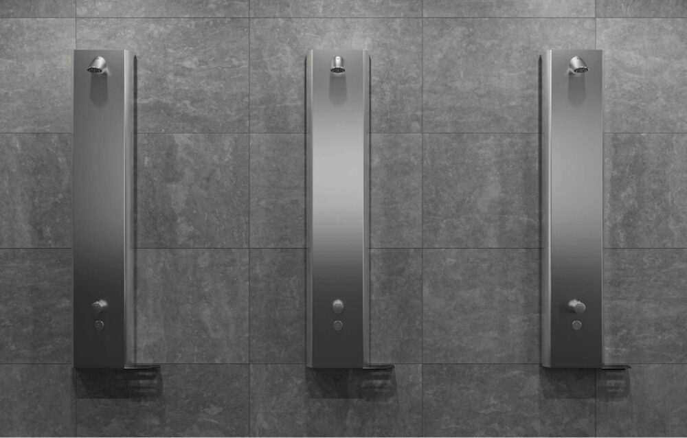 schell linus trend exposed shower panel, wall mount shower panel for modern bathroom
