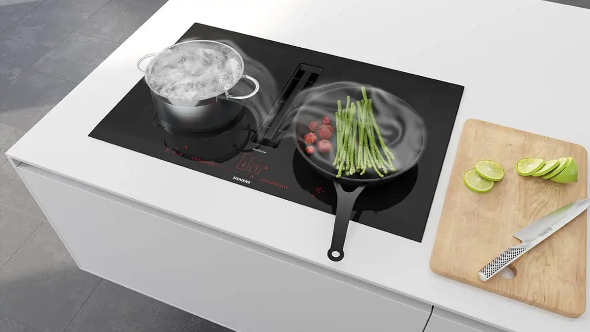 siemens induction hob with integrated ventilation, hob with extractor, cooking centre for modern luxury kitchen, induction cooktop with chimney