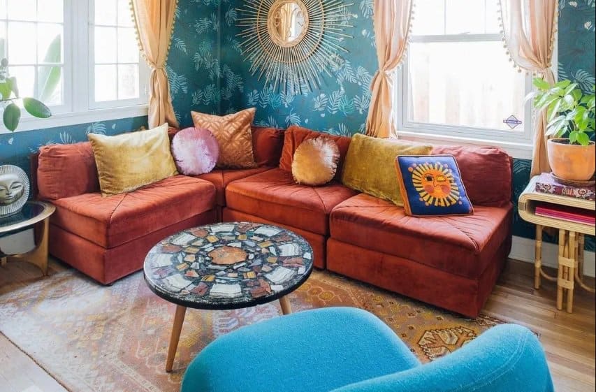 colourful couch in eclectic living room