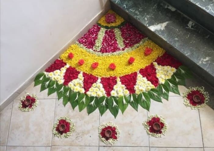 simple corner rangoli with flowers