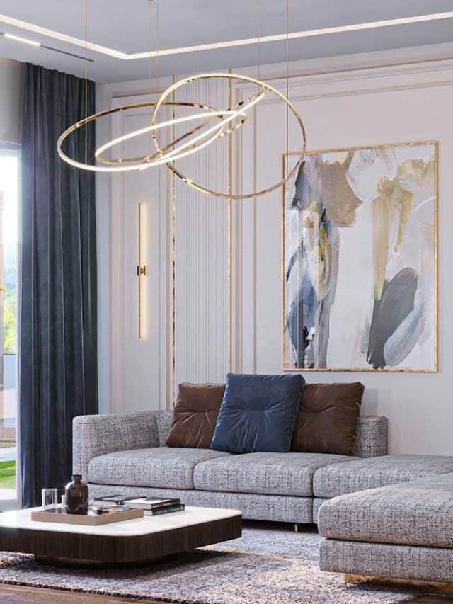 white, living room, sofa, table, chandelier