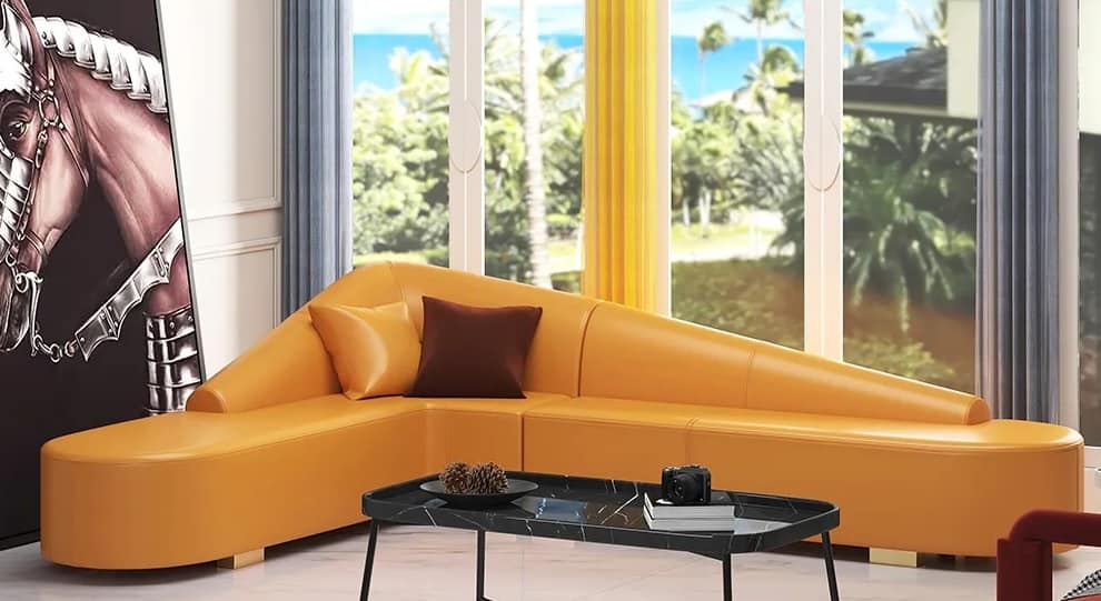 eclectic yellow abstract couch with black centre table