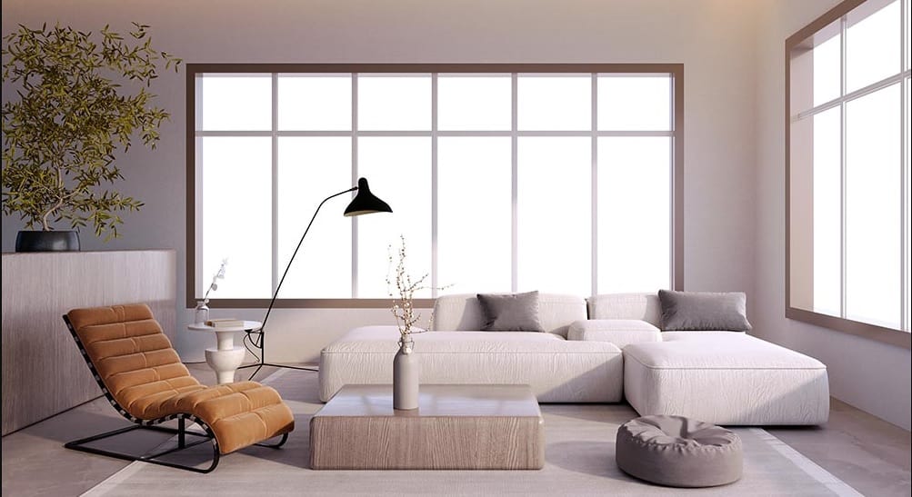 white couch in stunning living space with floor lamp