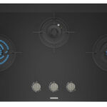 siemens built-in gas hob with 3 brass burners and black ceramic glass finish