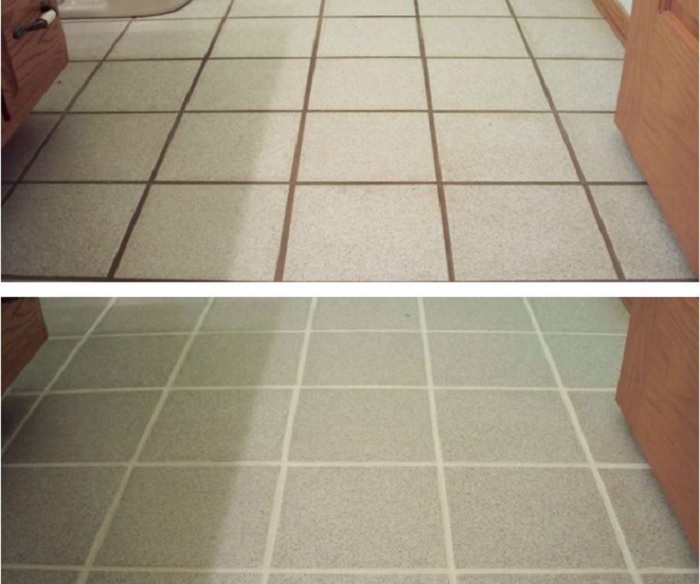 different tile grout colours give different look to grey flooring