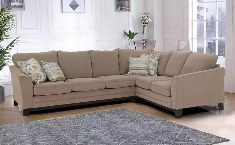 modern cream sofa with grey carpet and white embroidered cushions