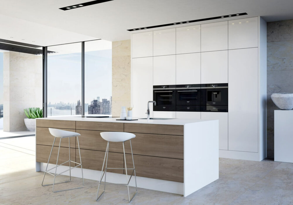 white coloured minimalist kitchen design with built in appliances, white cabinetry, and light brown island with seating