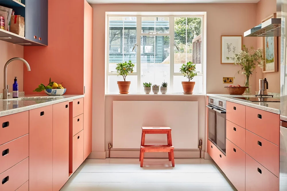 peach coloured galley kitchen design