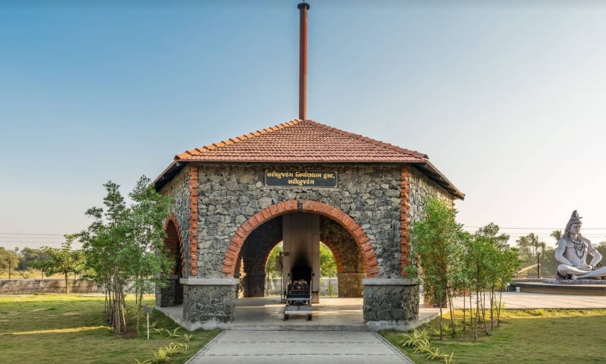 modern crematorium design with brick and stone finish