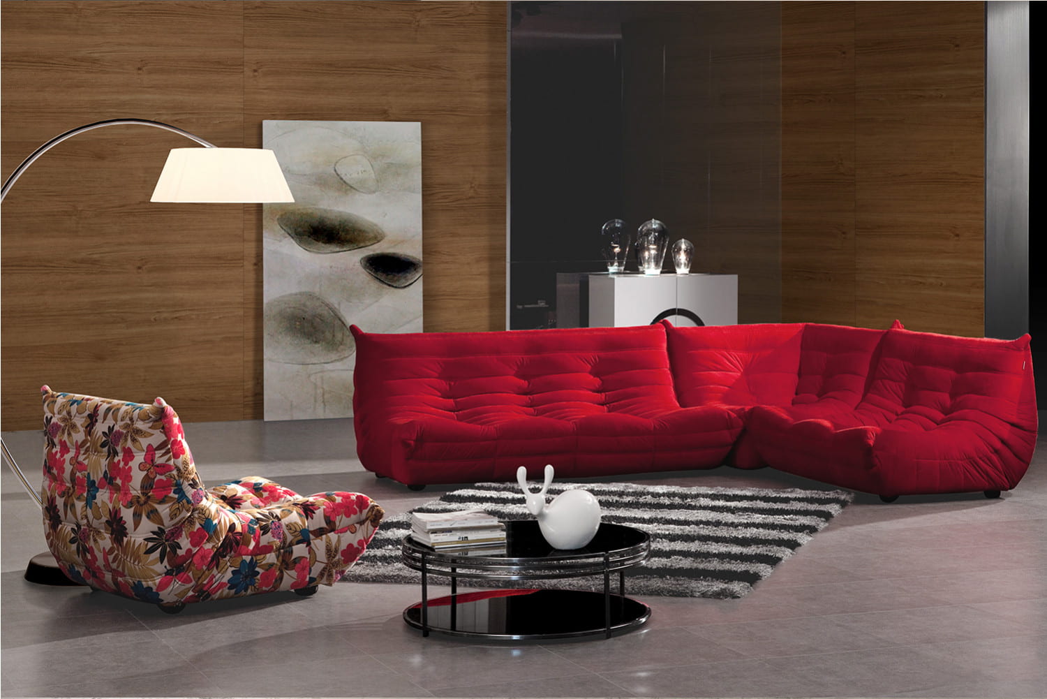 crimson red fabric three seater lounge, carpet, centre table with tempered glass top, one seater fabric sofa, wood laminated walls, beautiful living room, floor