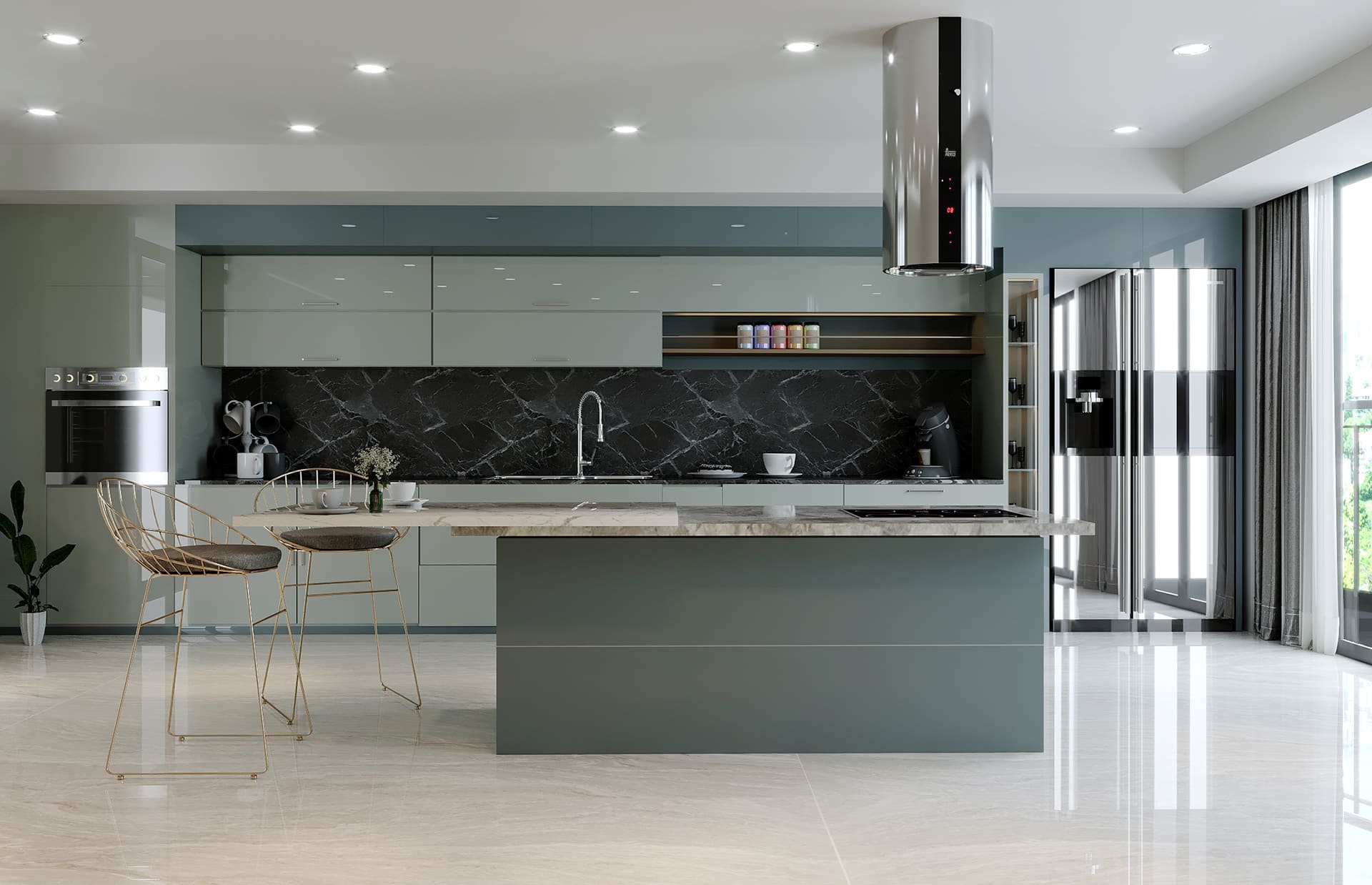 island kitchen with chimney, acrylic laminates, upper cabinets, built--in sink, marble countertop, gold faux caged chairs, metal chimney, gl، doors