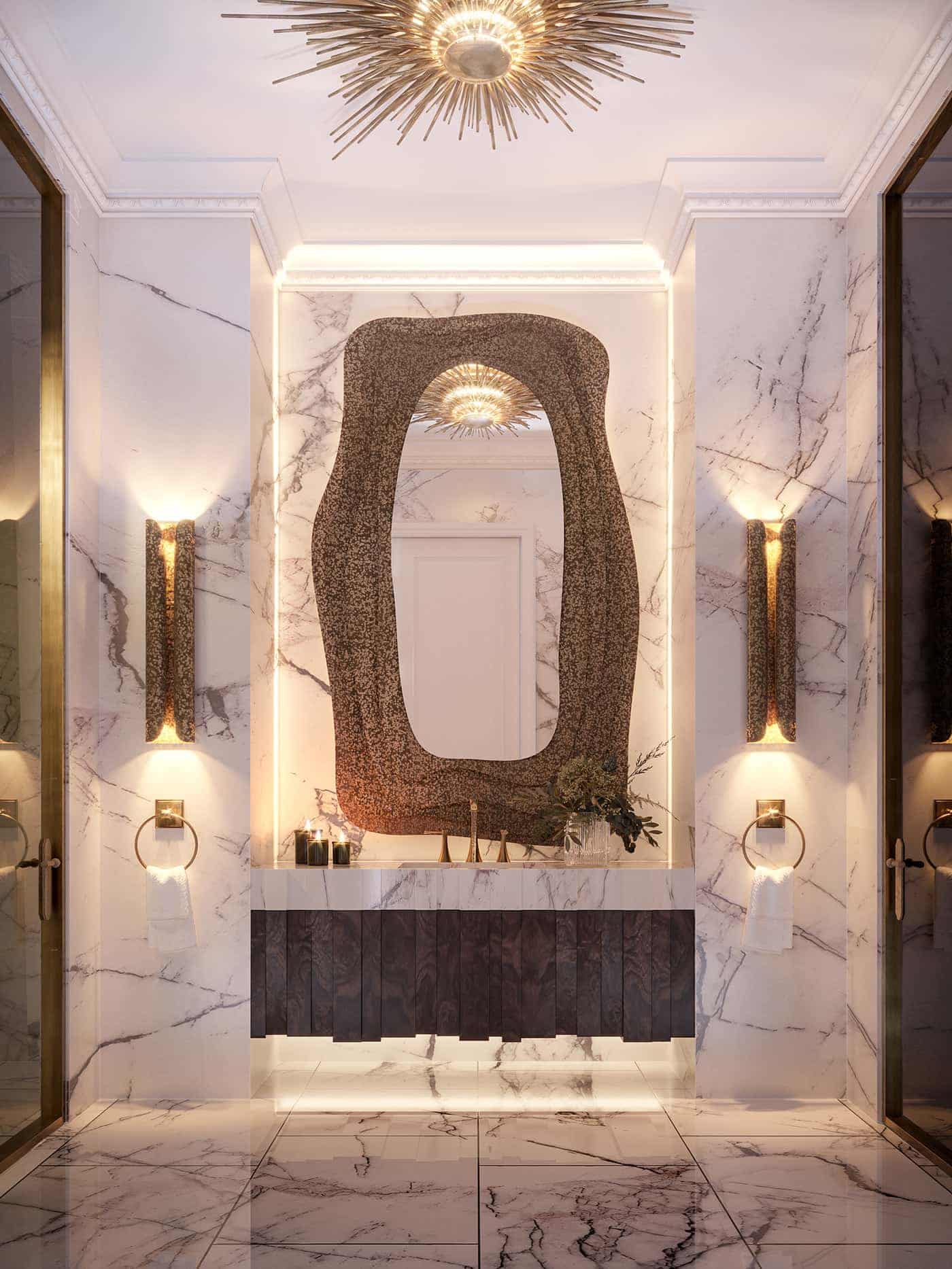 wall sconces installed on the sides of mirror in bathroom, white marble , lavish and beautiful bathroom