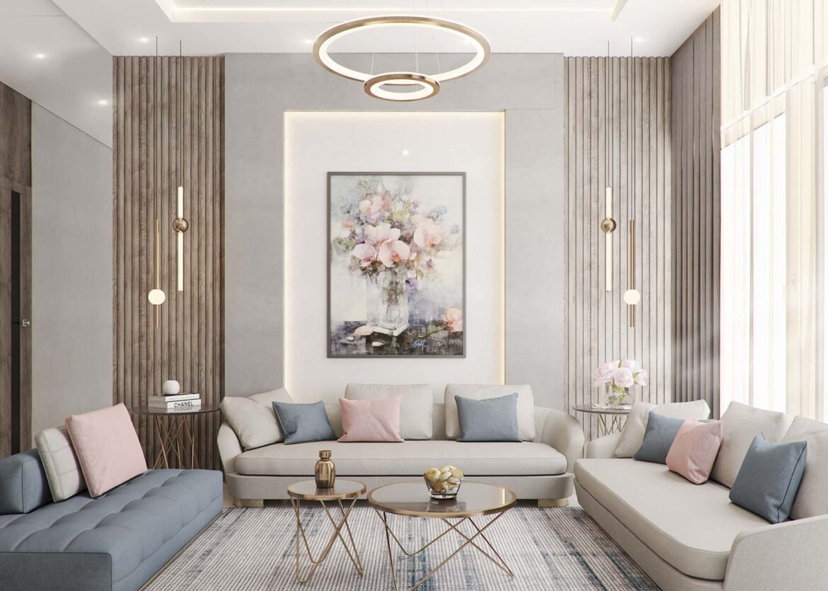beautiful living room design, with pastels, lights, carpet, furniture