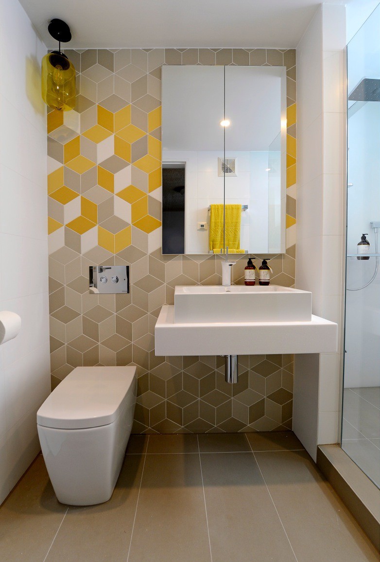 modern small bathroom ideas, bright yellow coloured simple compact bathroom idea, with floating closet, mirror, budget small bathroom ideas