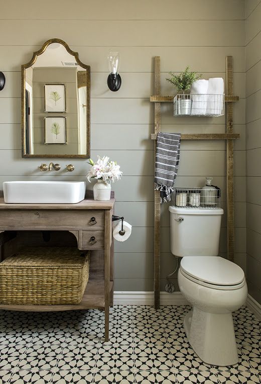 country style compact bathroom giving vintage touch, ladder for hanging towels, budget small bathroom ideas