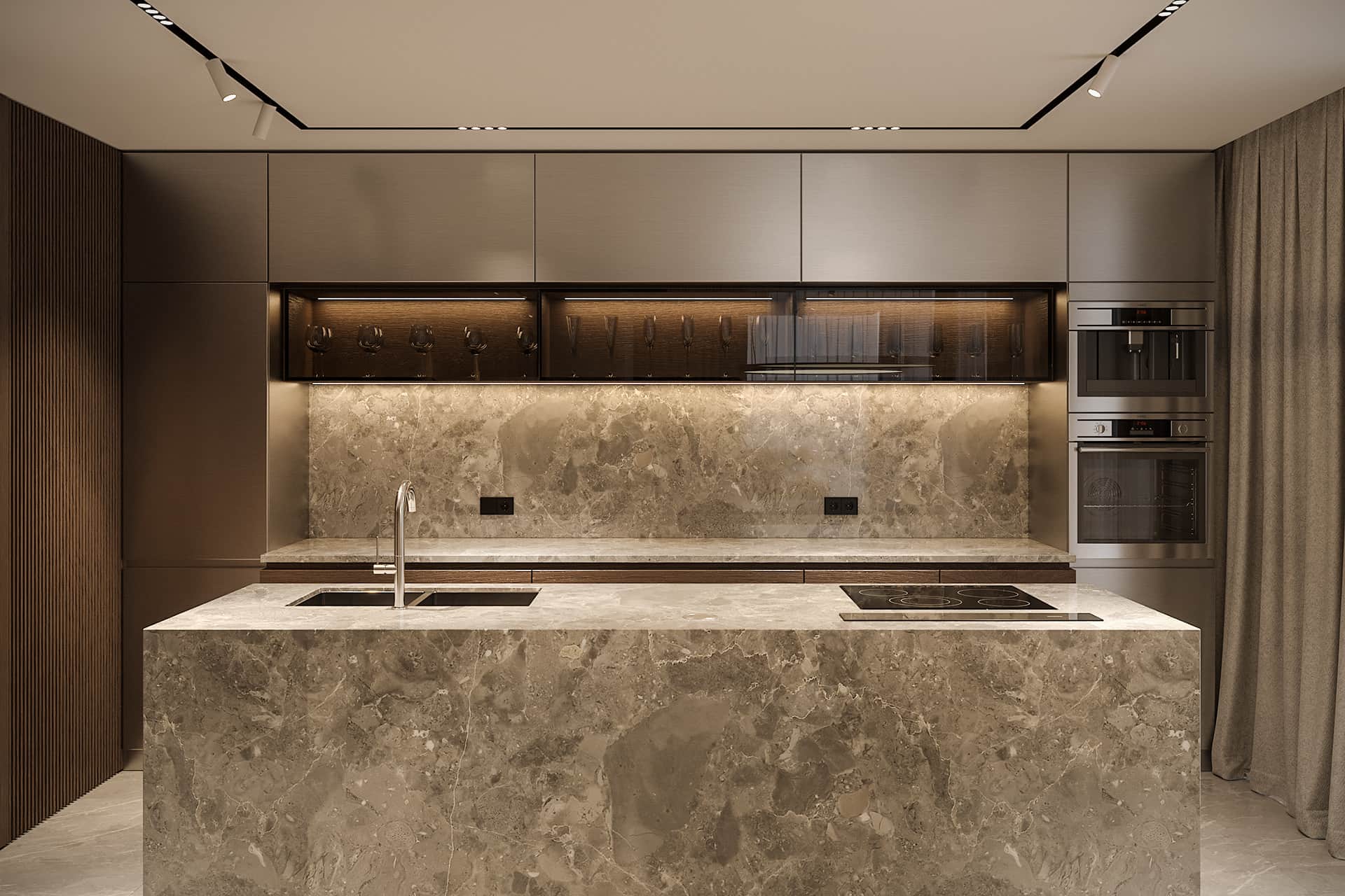 open cooking space using dark colour, marble beige-grey coloured countertop, in-built oven, in-built sink, cabinets