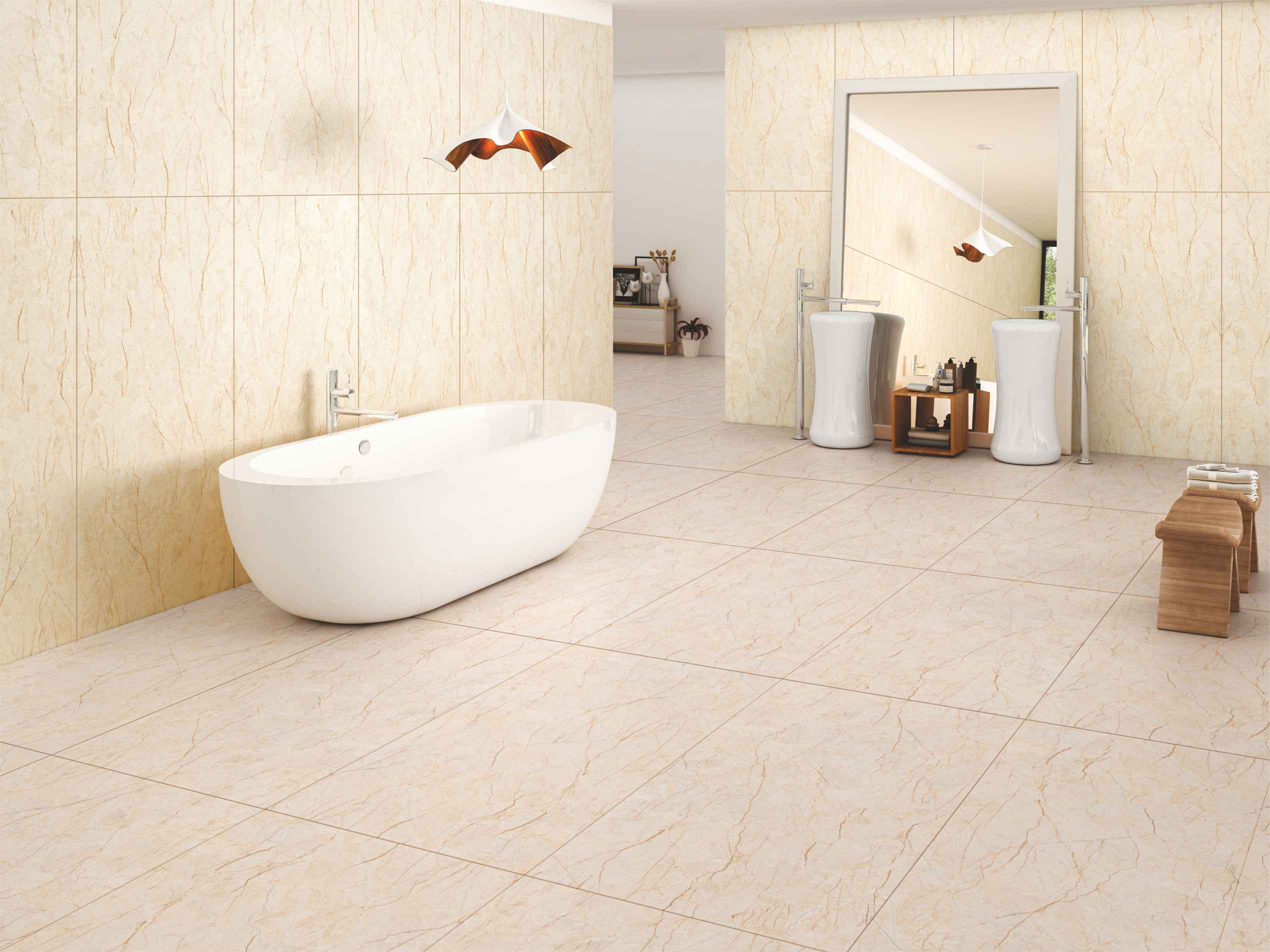 beige tiles in a bathroom with bathtub and mirror