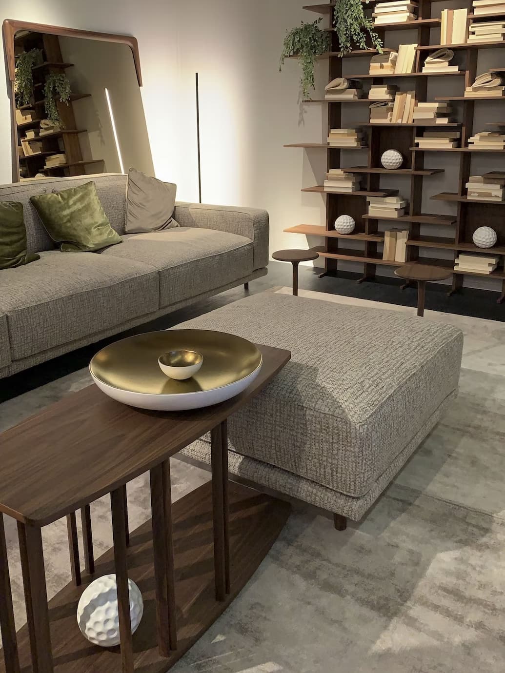 a grey-beige ottoman coffee table, grey sofa that matches the centrepiece, wooden bookshelf, books, grey-beige carpet, black floor finish, perfect monochrome colour scheme