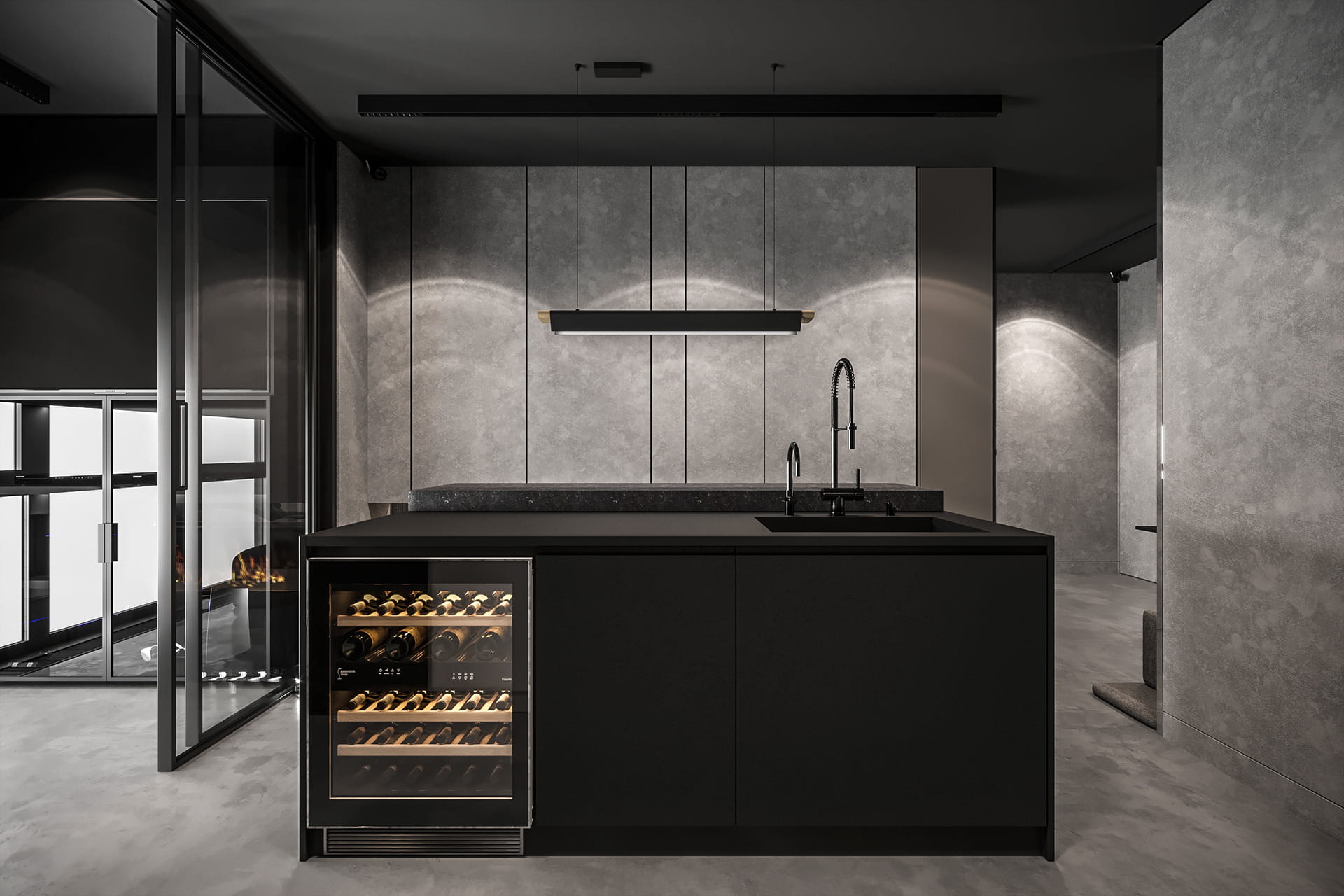 open plan living room with cooking space and countertop with monochromatic touch, built-in glass cabinets and a sink, matt black countertop and matt grey walls, task lighting above the countertop, light installed for cabinets