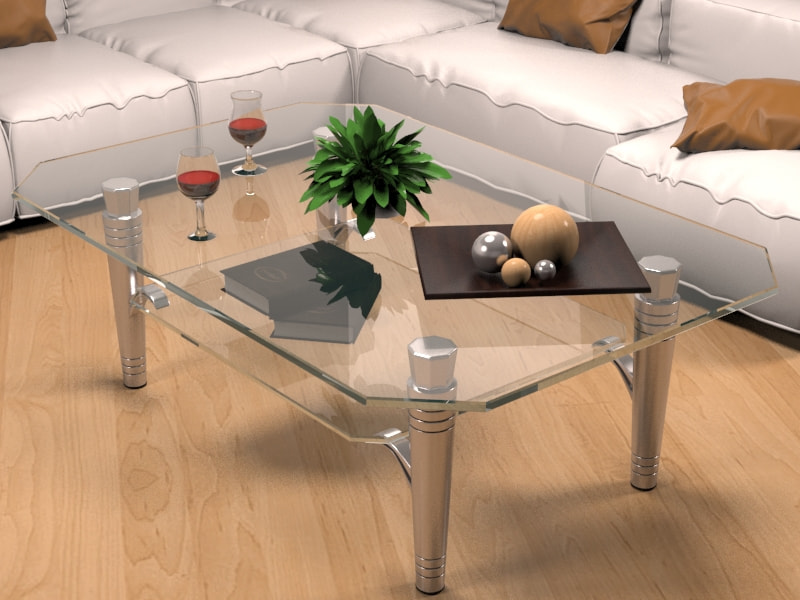 clear rectangular glass centrepiece, with metal legs, silver faux, wooden flooring, white sofa, brown cushions, glasses of juice 