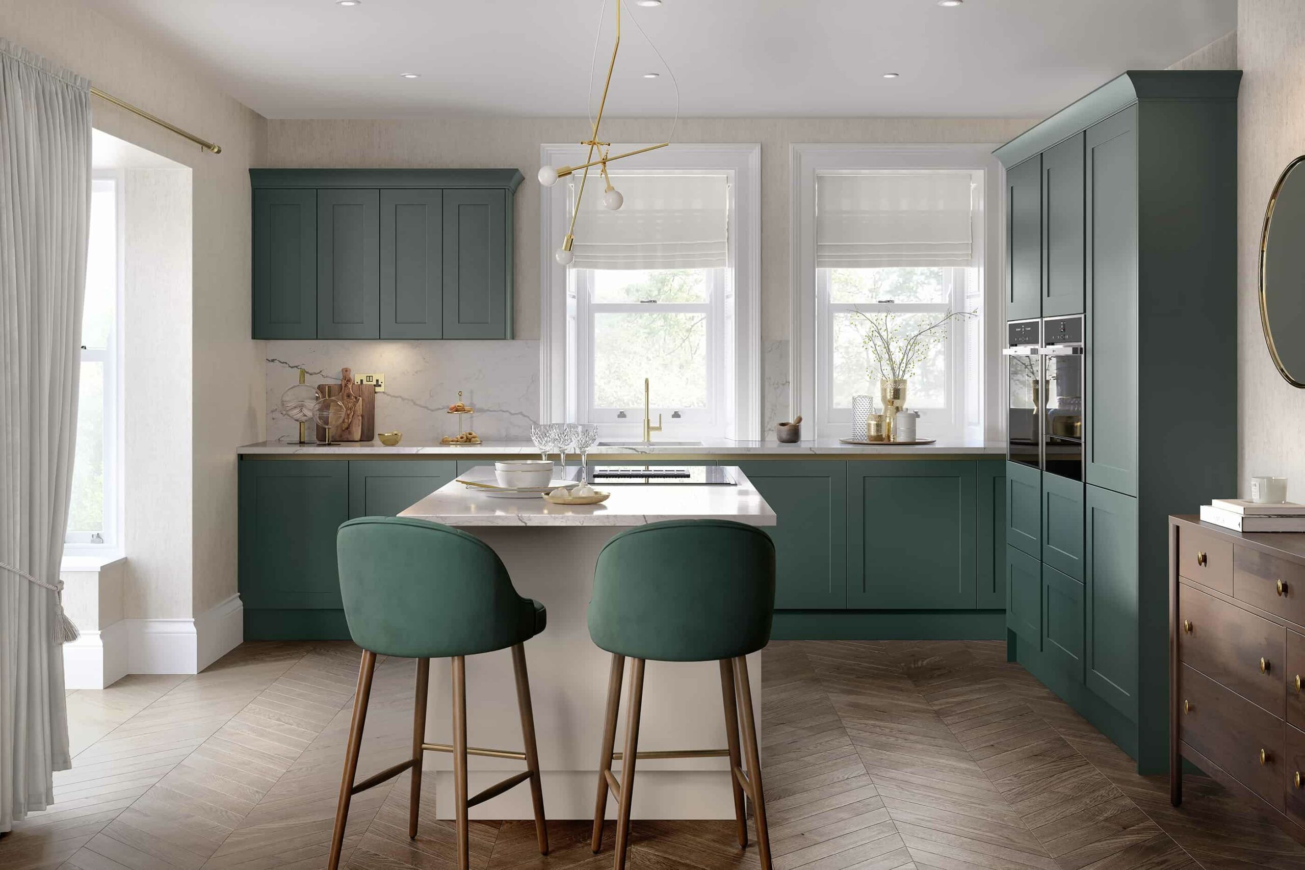 Kitchen island with seating, olive green kitchen cabinets, olive green tall chair with sleek wooden legs, white island in the centre, white walls, minimal kitchen