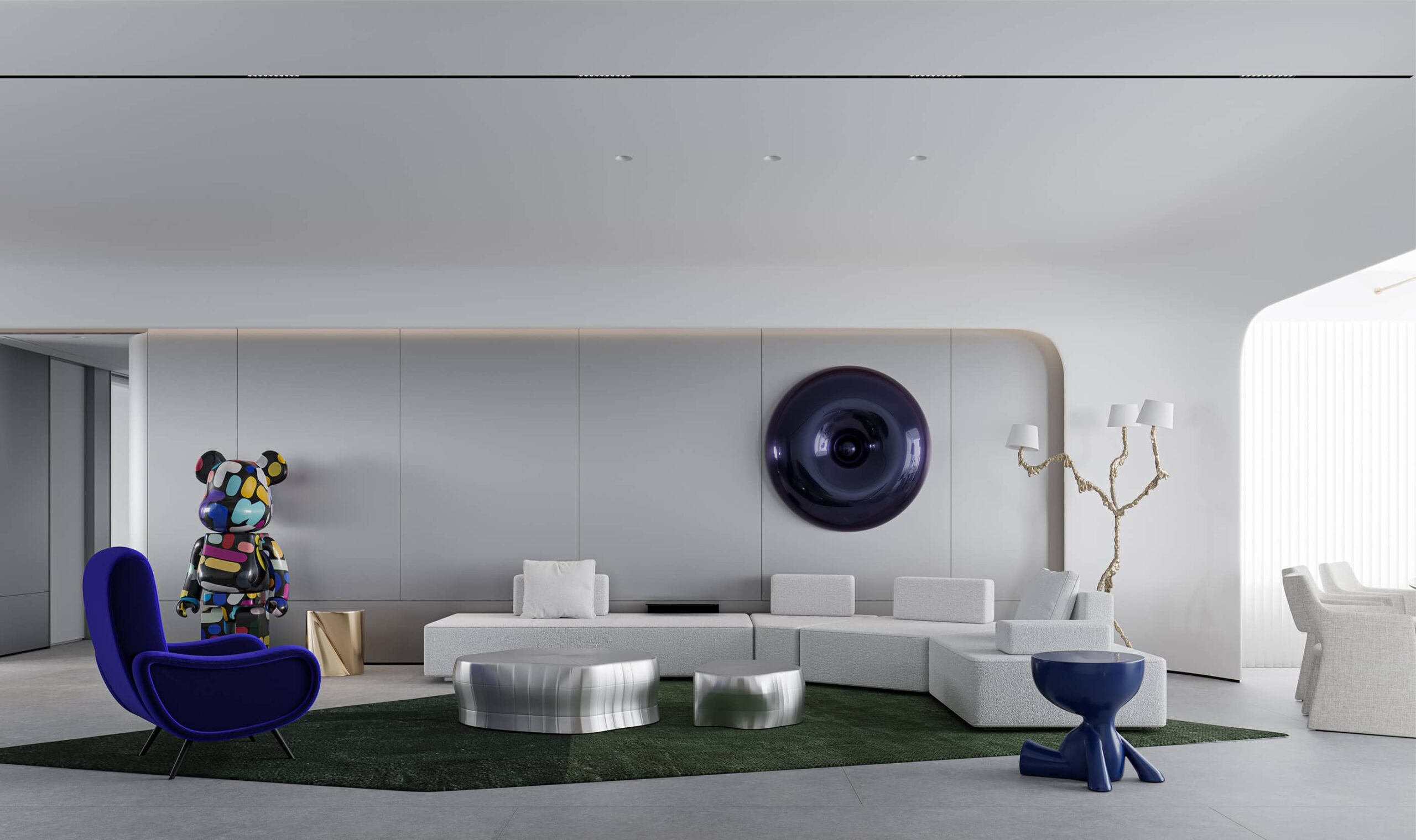 white L-shaped sofa cum bed in a living room, large seating area, metal centre table, royal blue chair, white walls, classic vibe, cushion, lavish living room