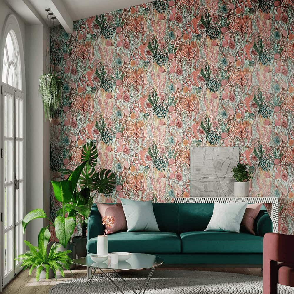 living room design with beautiful wallpaper, plants, furniture