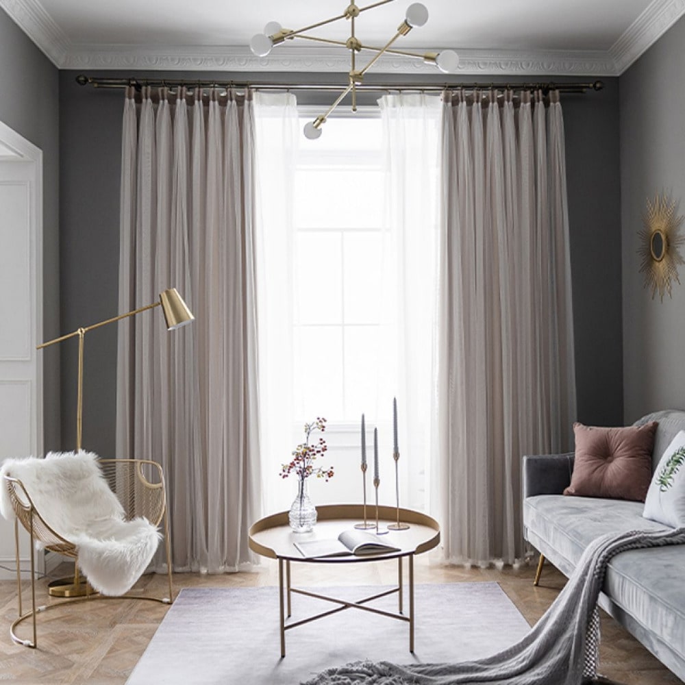 designing hall with curtain drapes, monochrome hues, coffee table, reading light