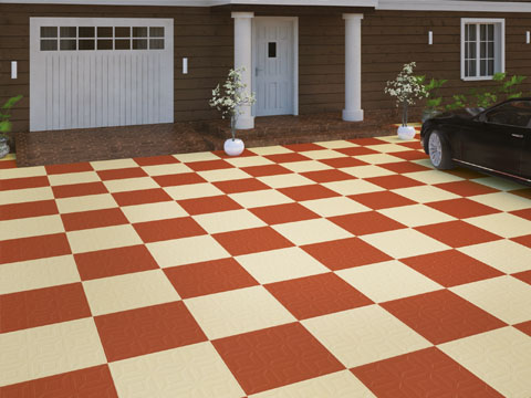 red and beige tiles in a parking