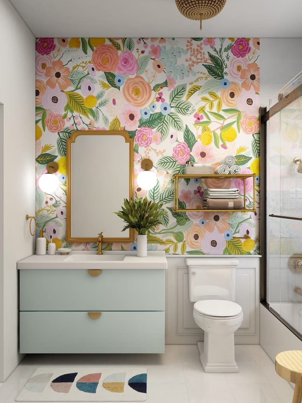 printed wall, pastel compact restroom, mirror, tiles, vanity