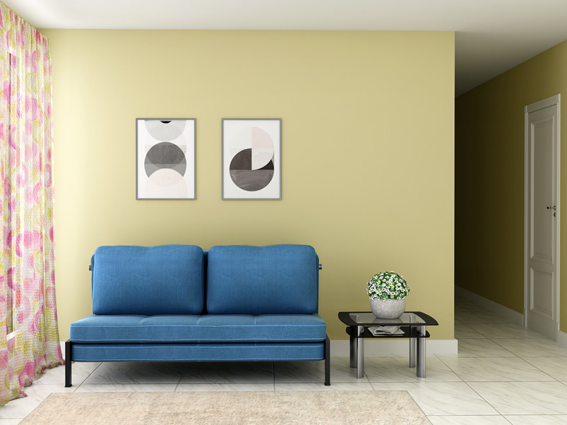 blue casual comfortable couch, yellow wall, minimal living room, floor, side table with a plant on it, paintings on wall