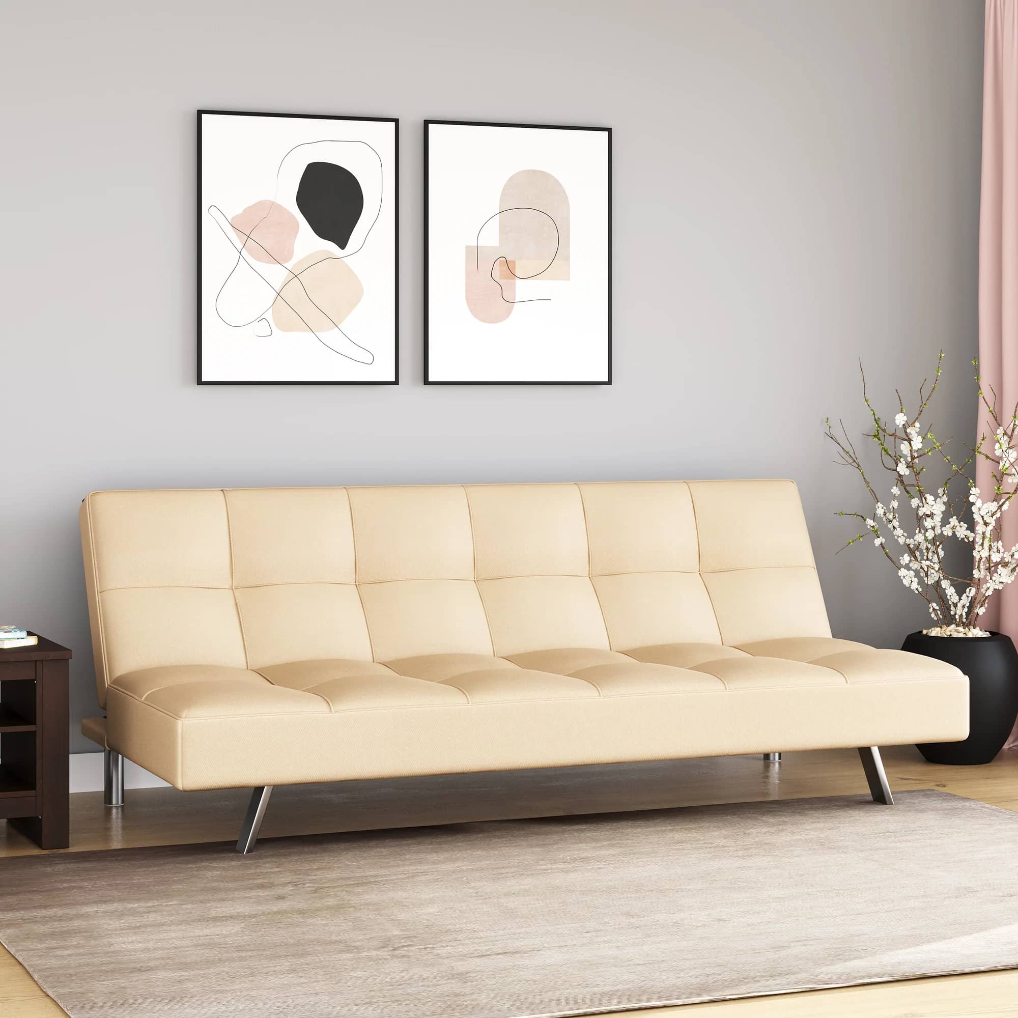 dark beige sofa cum bed, carpet, minimal living room, grey wall, painting on wall, side table