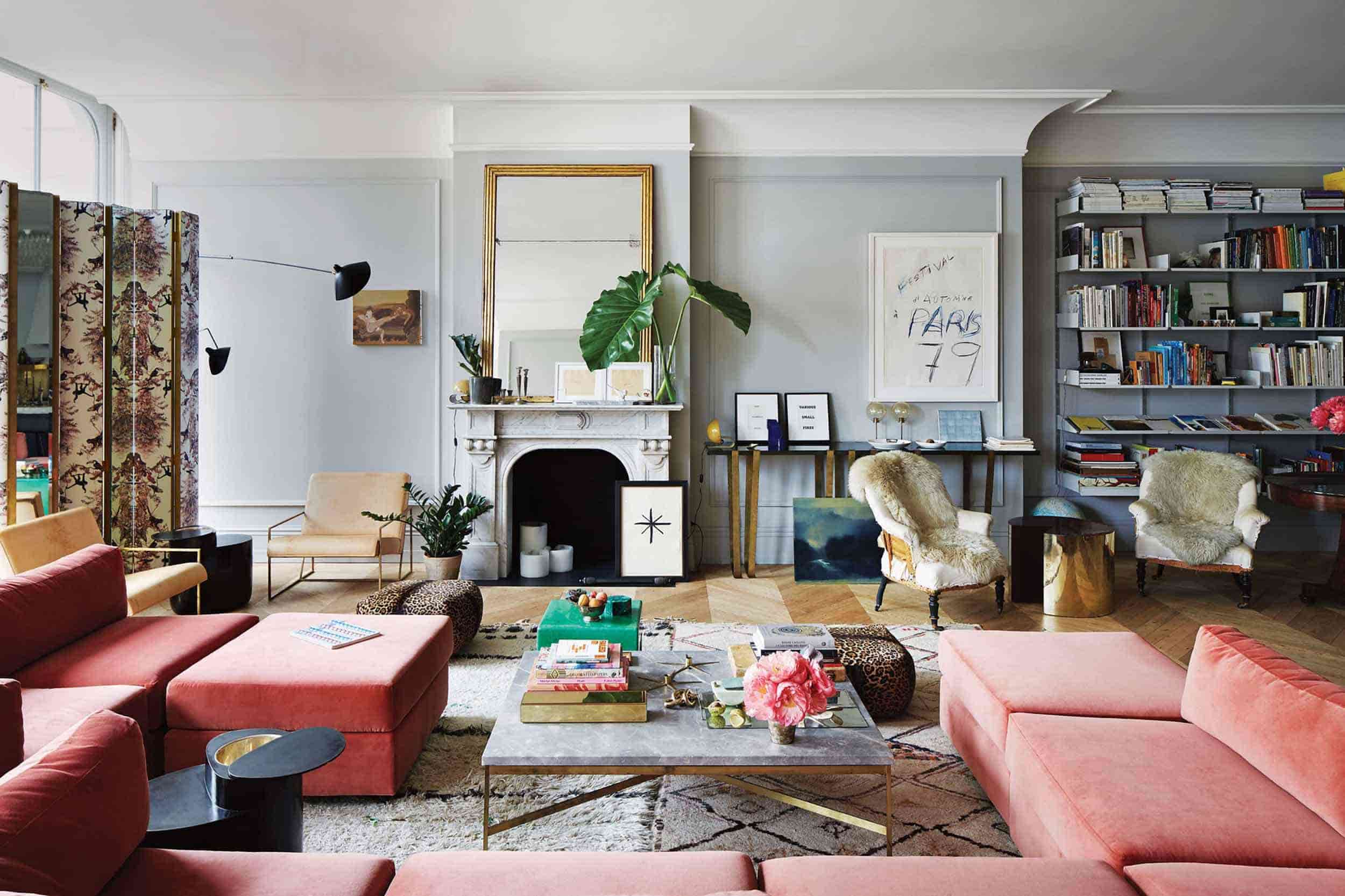 beautiful hall, with mirror above fireplace, sofa, centre table, shelves, pastel colours, in home decorating ideas