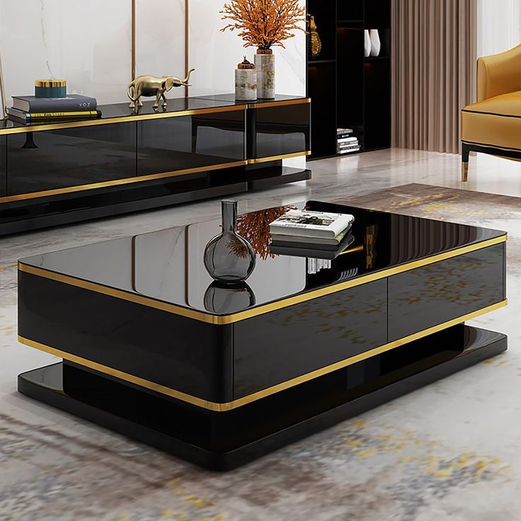 modern rectangular glass centrepiece, with a thin gold faux on the sides and a glossy black finish, books, magazines, tile flooring with beige colour, white walls, rugged beige carpet giving a lavishly classic vibe to your space