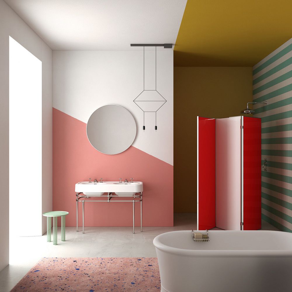 compact restroom with bathtub, mirror, minimalistic