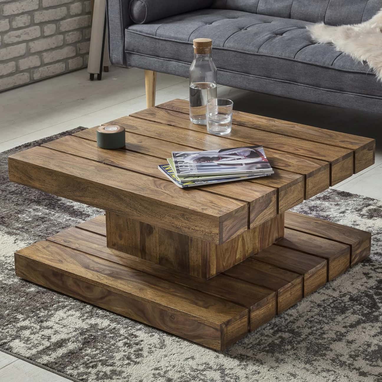 mid-century reclaimed wood square coffee table, gives a rustic touch to your space, grey carpet, beige floor, grey sofa, magazine