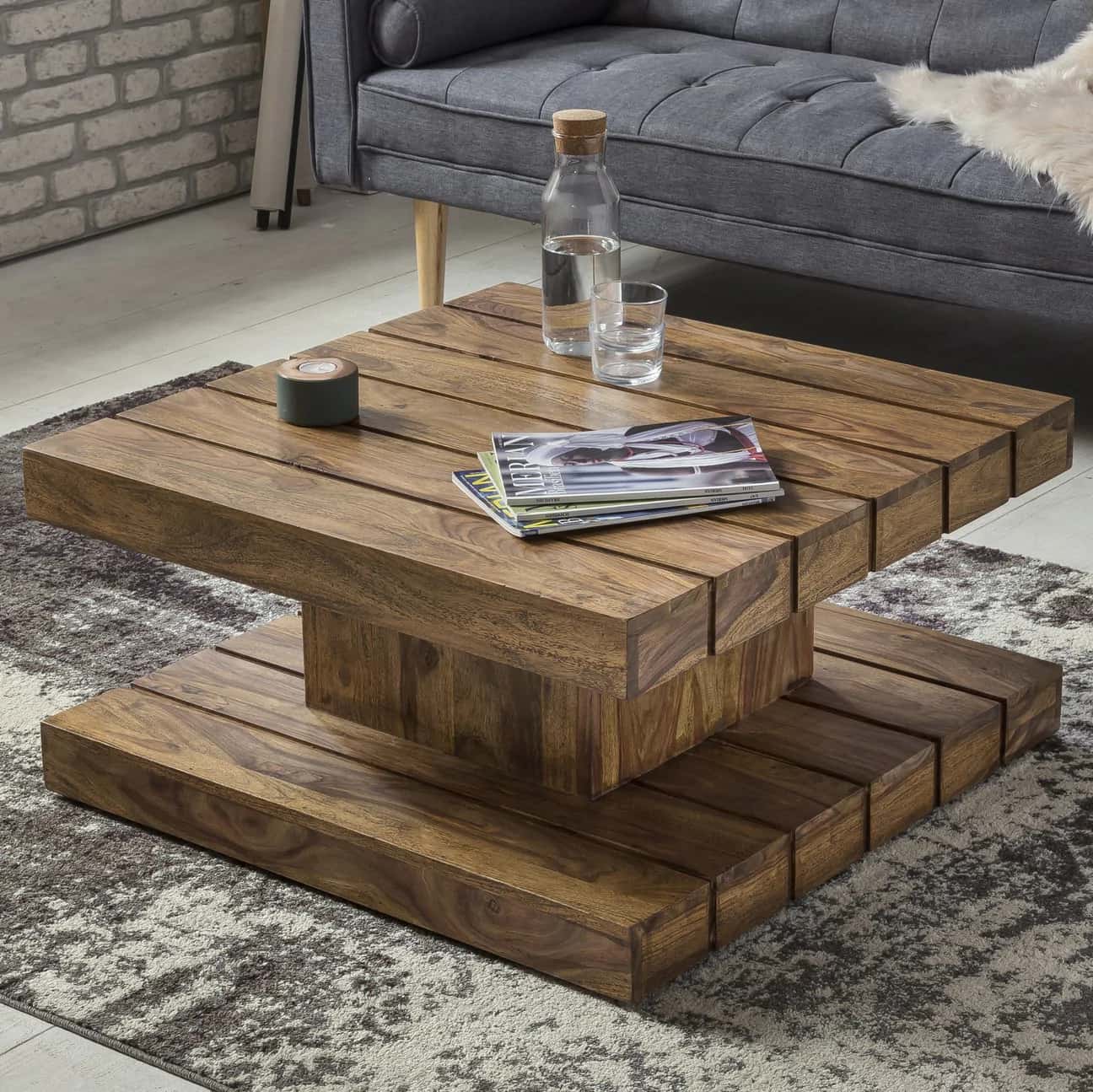 mid-century reclaimed wood square coffee table, gives a rustic touch to your ،e, grey carpet, beige floor, grey sofa, magazine