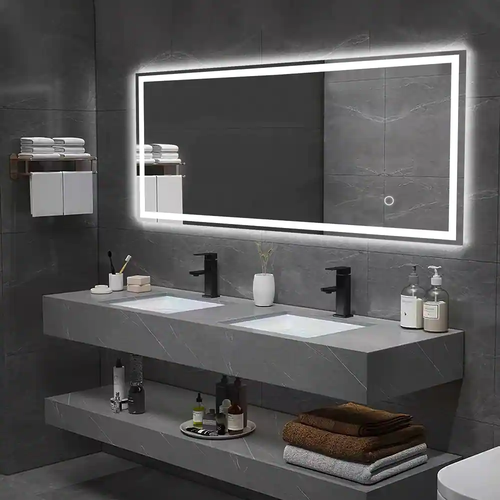 LED light for mirror back, bathroom decor, grey colour, rectangular mirror, vanity, faucet