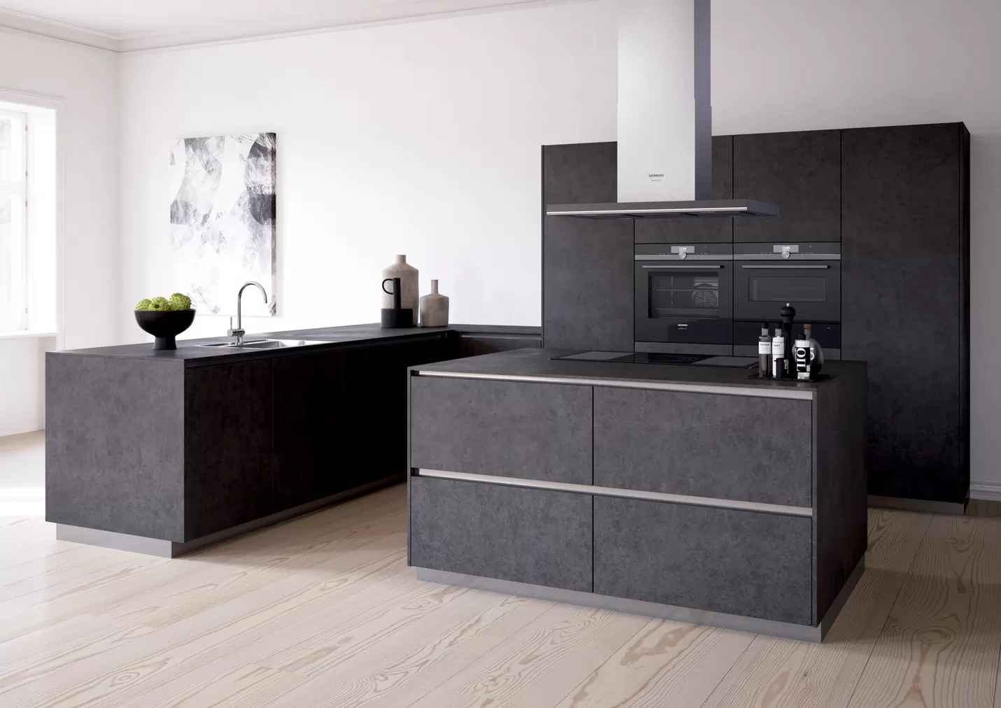 monochrome black kitchen with black appliances and a kitchen island with wooden floors