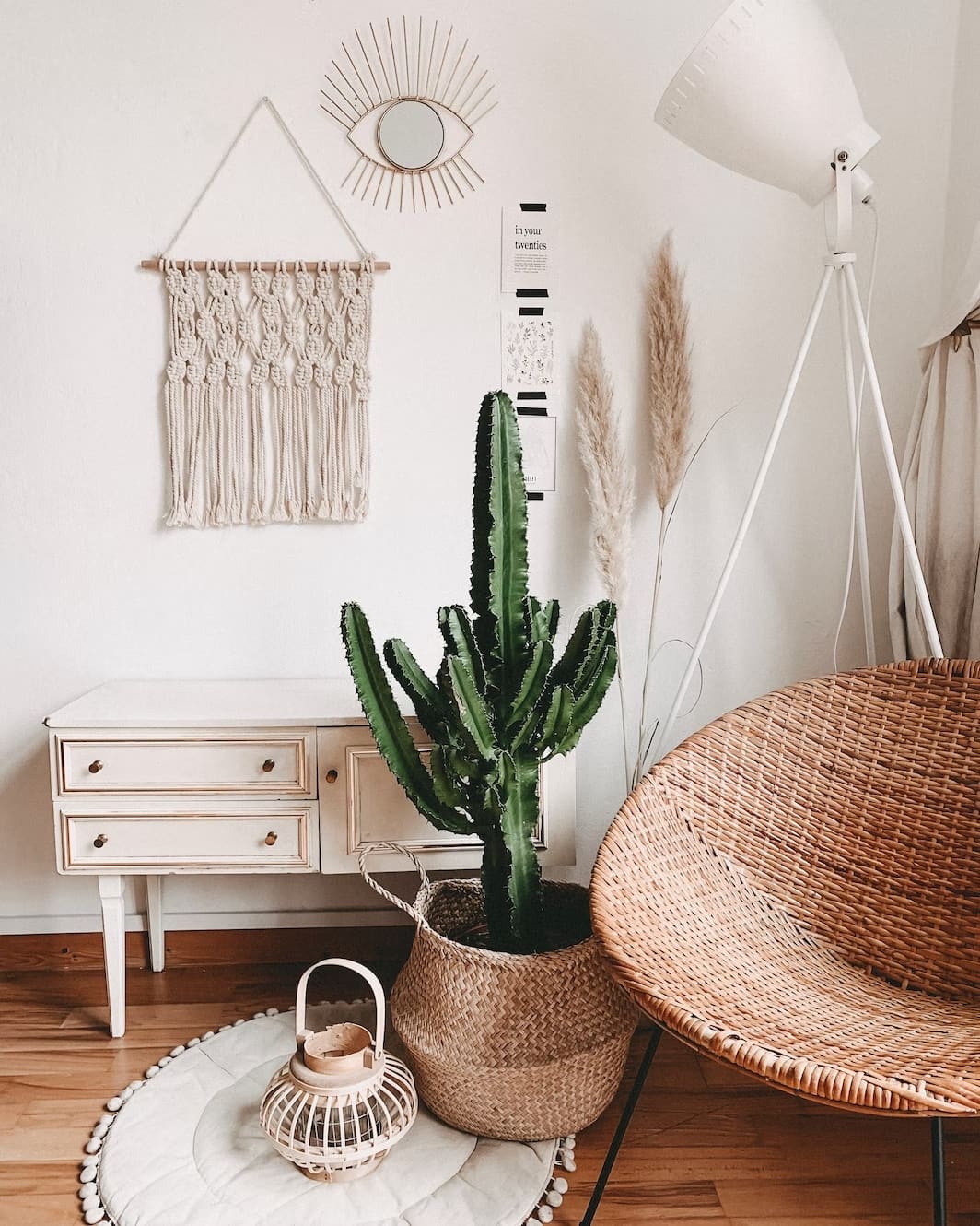 bohemian room decor, cactus plants for indoor planters, table, white coloured rug, white coloured lamp