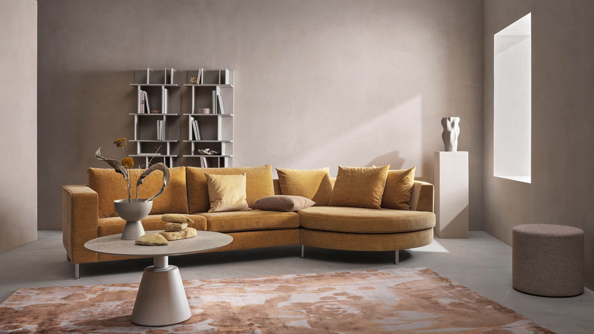 luxurious living room, furniture storage for bedroom, sectional sofa, coffee table, rug